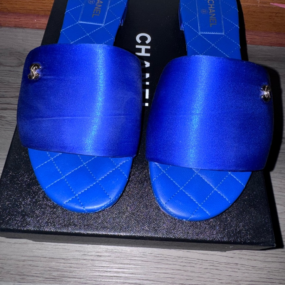 CHANEL Royal Blue Satin Quilted Slide Sandals